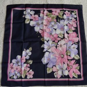 Vintage Yves Rocher Floral Scarf Made in Italy Navy Pink Flowers Square
